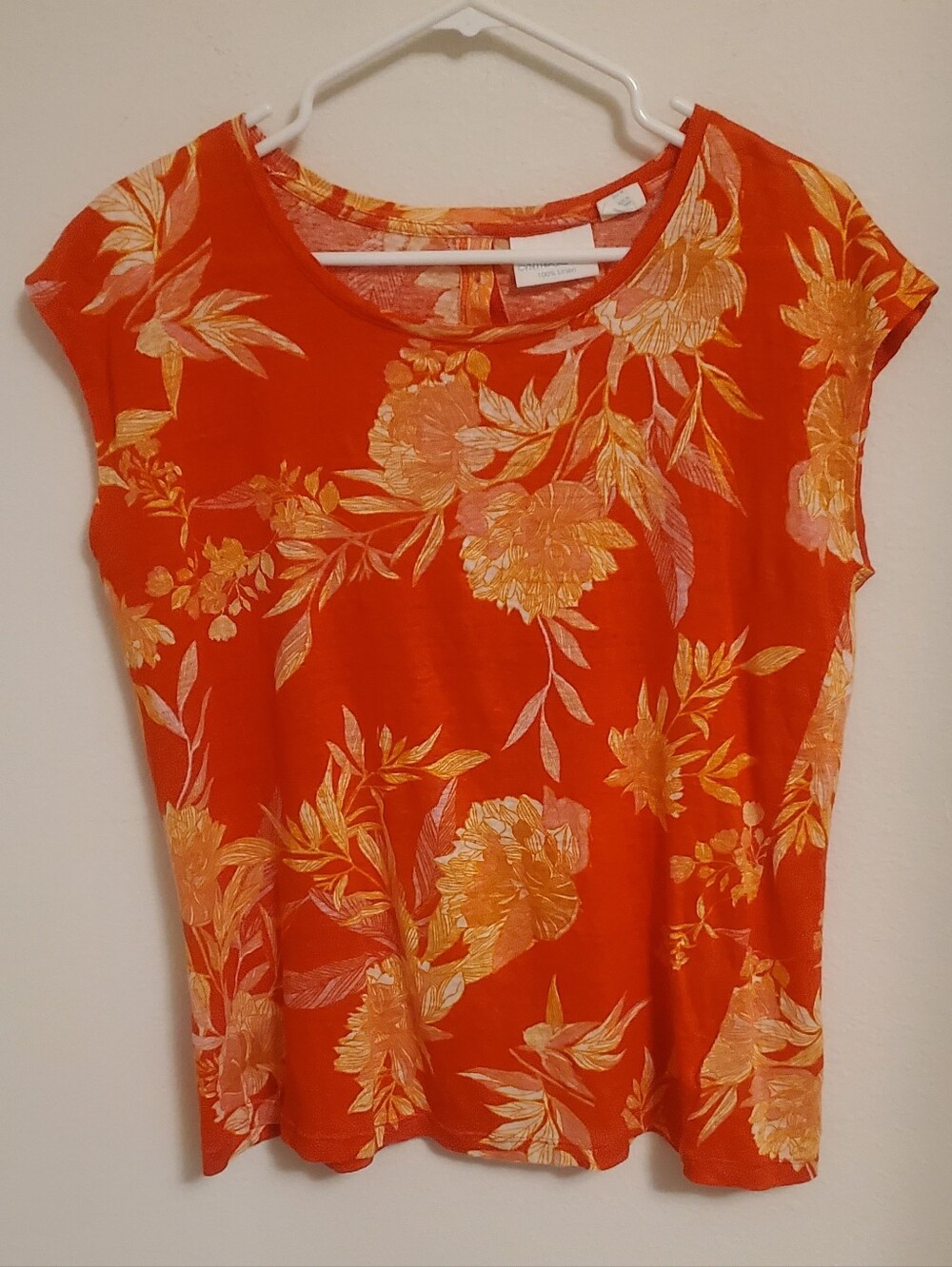 Cynthia Rowley Bright Orange Floral Cap-Sleeve Tee 100% Linen Tropicl